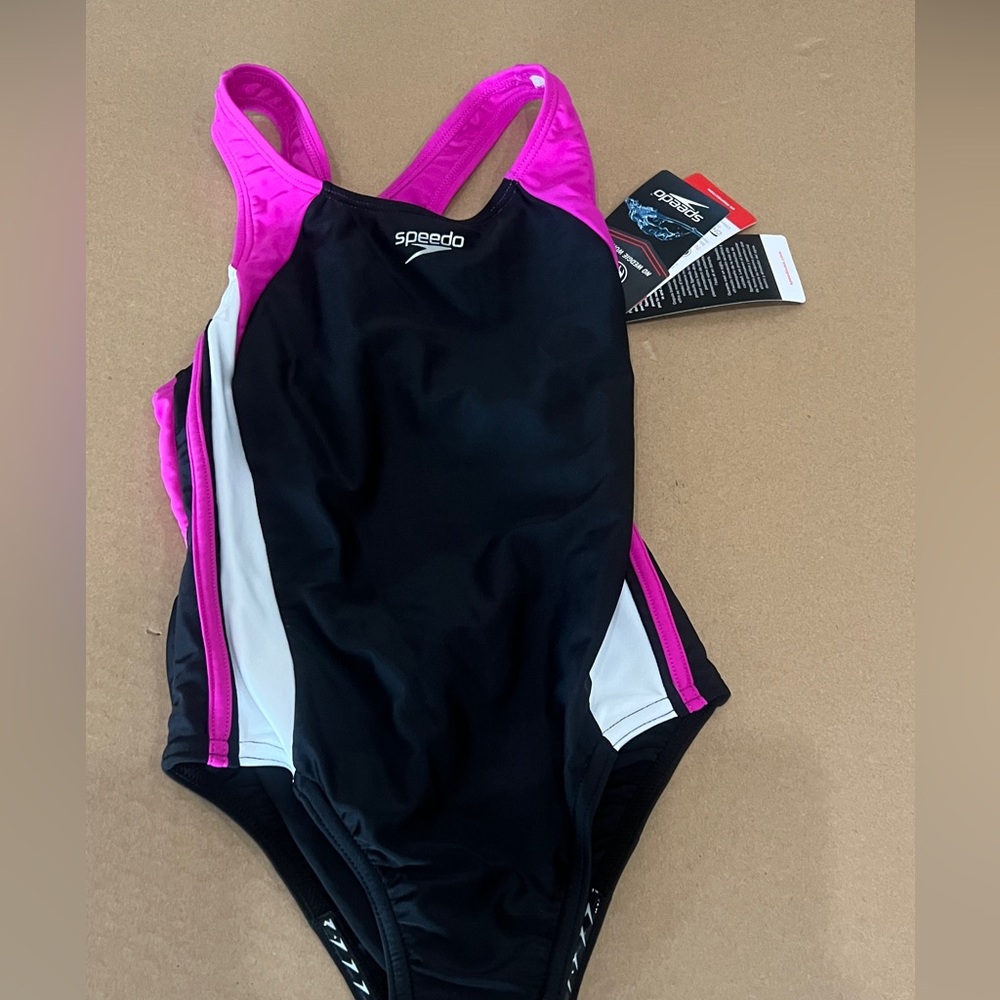Speedo One-Piece Performance Swimsuit – Black, Pink & White Youth